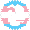the rust logo with the r replaced with a p, and the trans flag overlayed on it